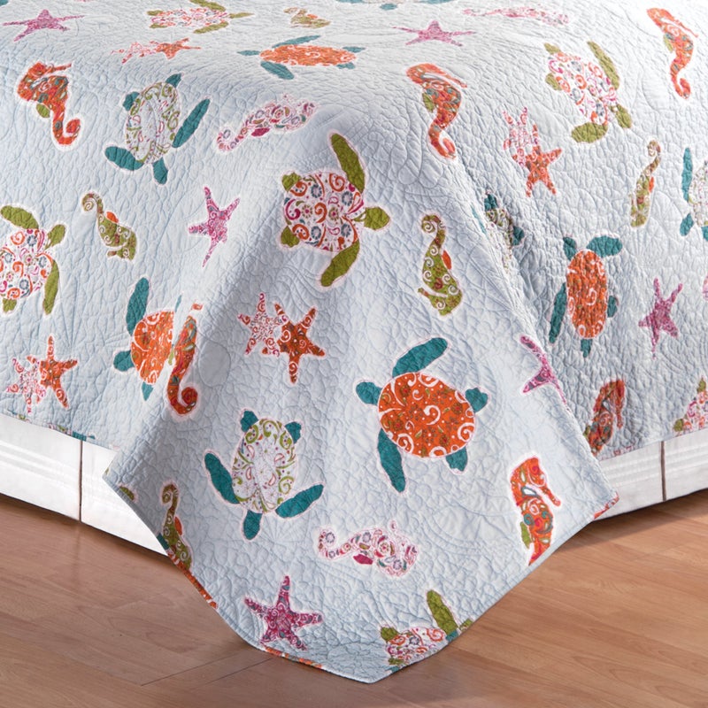 C&F Home St. Kitts Twin 2 Piece Cotton Quilt Set Summer Beach Ocean Coastal Sea Turtle Sea Horse Reversible Machine Washable Lightweight Bedspread Coverlet Bedding Twin Aqua - Image 3